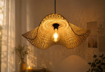 Fluted Canopy Handwoven Bamboo Pendant Light -with Bulb and holder