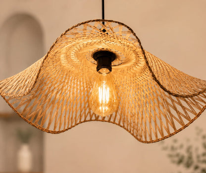 Fluted Canopy Handwoven Bamboo Pendant Light -with Bulb and holder
