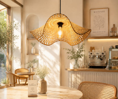 Fluted Canopy Handwoven Bamboo Pendant Light -with Bulb and holder